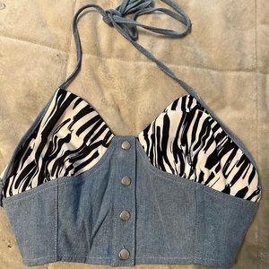 Jean/zebra print halter top